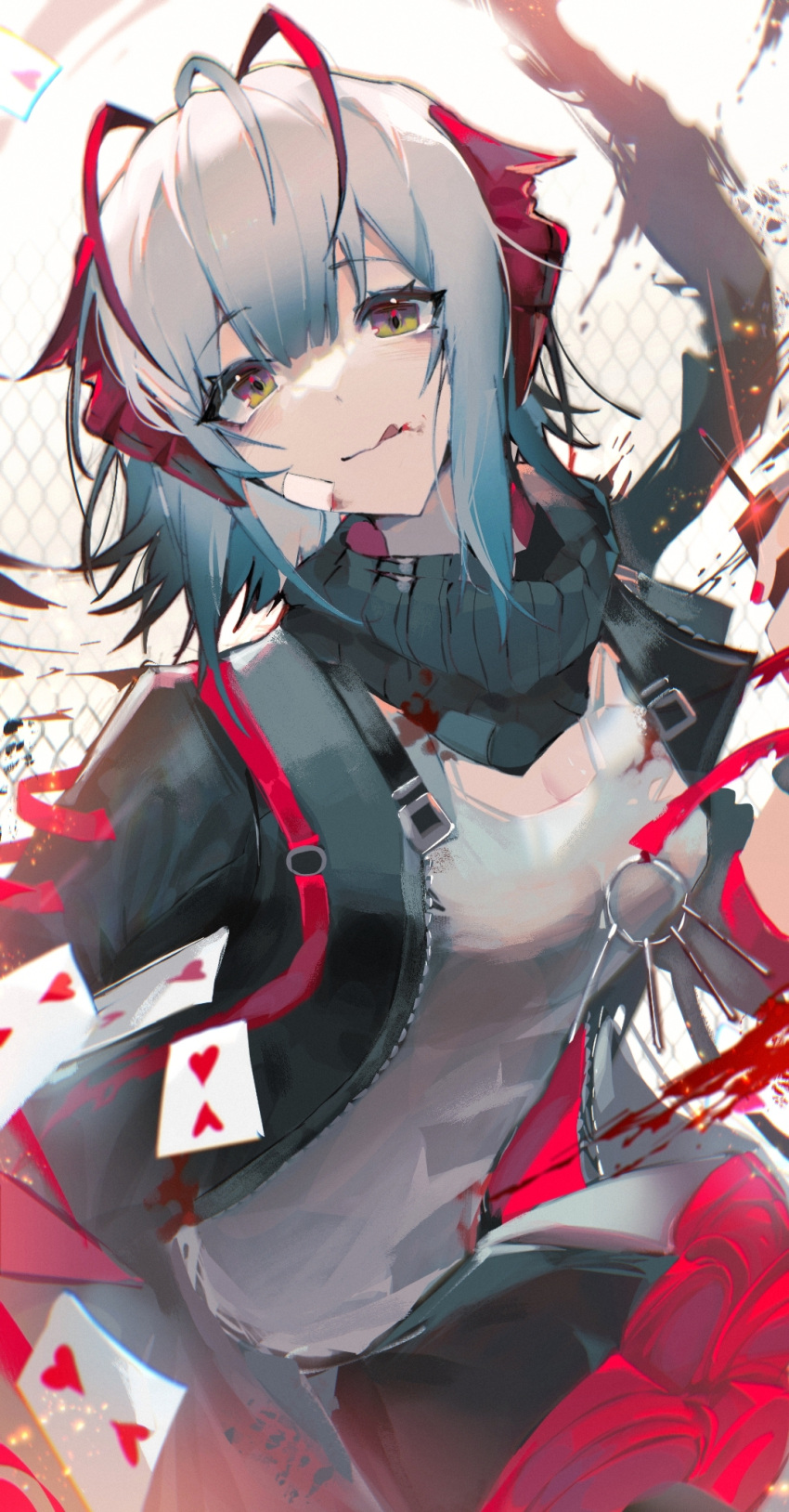 1girl :q antenna_hair arknights bandage_on_face bandages bangs black_jacket black_scarf blunt_bangs blurry breasts buckle camisole card chromatic_aberration depth_of_field fence green_eyes grey_hair highres horns jacket key licking_lips light_particles looking_at_viewer multicolored_hair playing_card red_horns redhead scarf single_sidelock small_breasts solo streaked_hair taoer. tongue tongue_out upper_body w_(arknights) white_camisole zipper