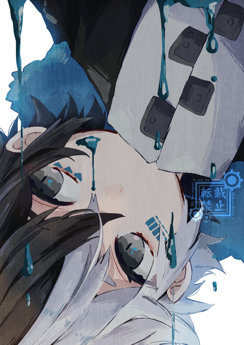 1boy barcode barcode_tattoo black_hair bloomminority covered_mouth facing_viewer fantasy grey_eyes highres jacket looking_to_the_side male_focus multicolored_hair original short_hair solo split-color_hair tattoo upside-down white_background white_hair