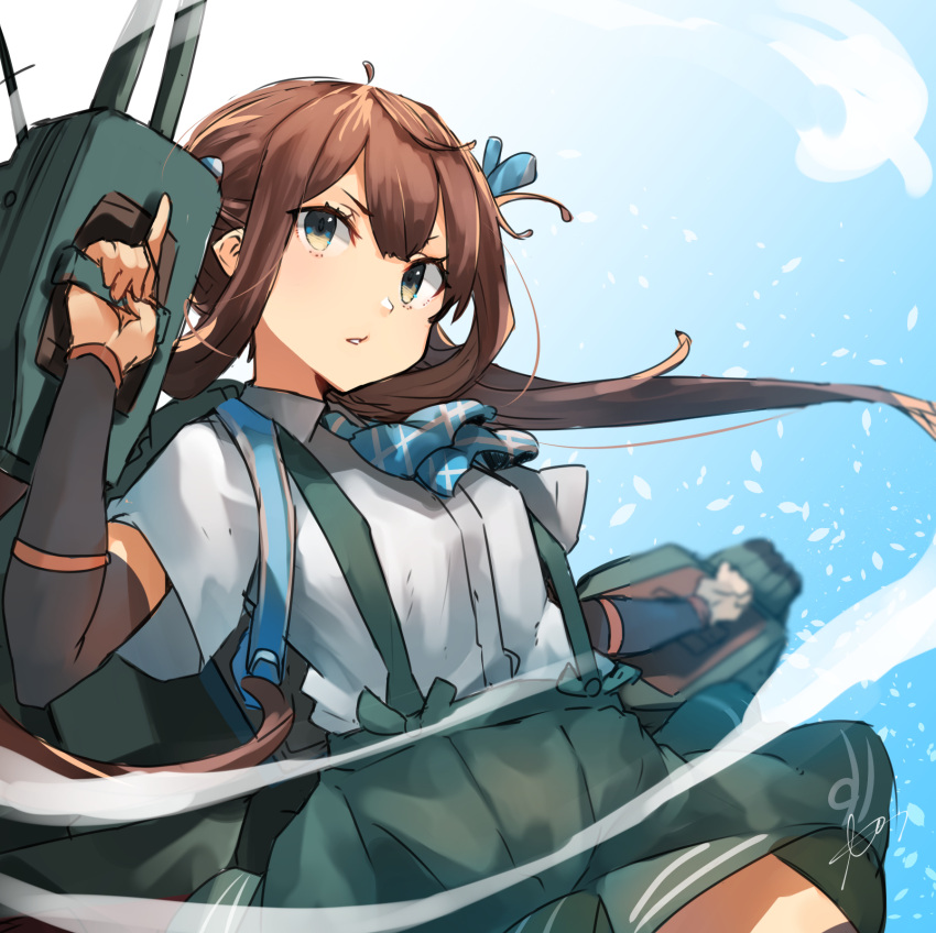 1girl adapted_turret arm_warmers asagumo_(kancolle) ascot blue_ribbon brown_hair cannon grey_eyes hair_between_eyes hair_ribbon highres kantai_collection long_hair looking_at_viewer machinery pleated_skirt ribbon rigging shirt skirt smokestack solo sunday_aki suspenders torpedo_launcher torpedo_tubes turret twintails upper_body white_shirt