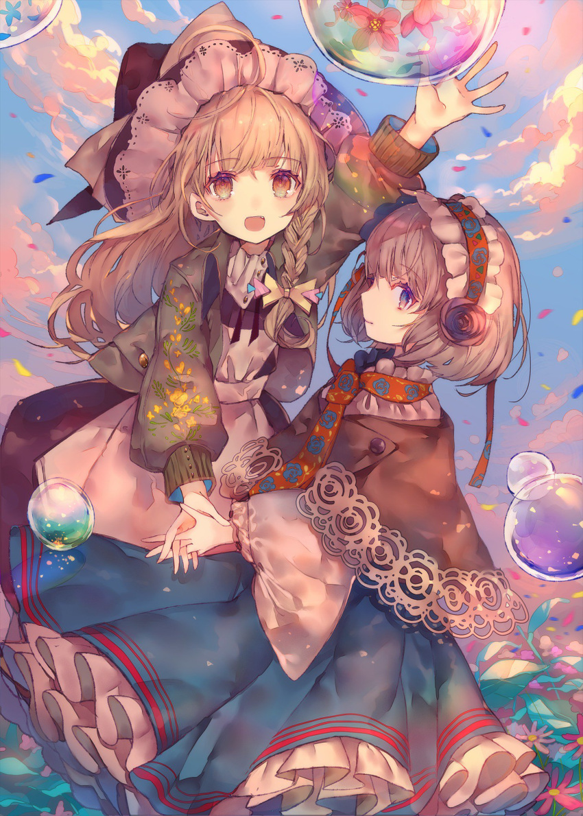 2girls :d alice_margatroid apron arm_up bangs black_headwear black_skirt blonde_hair blue_skirt blue_sky blush bow braid brown_capelet bubble capelet cha_goma closed_mouth clouds cloudy_sky commentary_request feet_out_of_frame floral_print flower frilled_hairband frilled_hat frilled_skirt frills green_jacket hair_flower hair_ornament hairband hat hat_bow highres holding_hands jacket kirisame_marisa long_sleeves looking_at_viewer multiple_girls necktie open_clothes open_jacket open_mouth orange_eyes orange_necktie outstretched_arm plant red_hairband rose shirt sideways_glance single_braid skirt sky smile touhou violet_eyes white_apron white_bow white_shirt wide_sleeves witch_hat