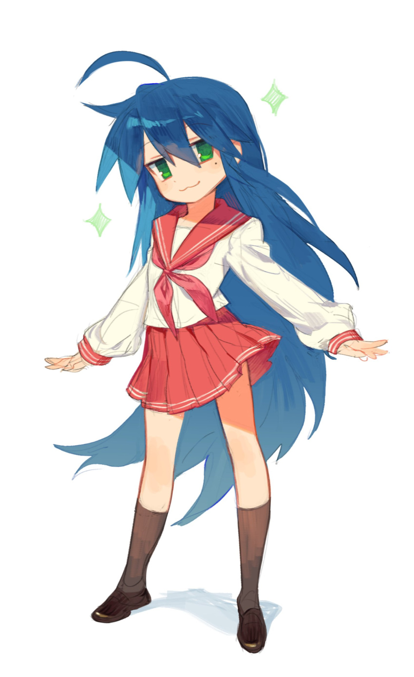 1girl :3 absurdres ahoge black_footwear blue_hair calf_socks flat_chest full_body green_eyes hair_between_eyes highres izumi_konata long_hair long_sleeves looking_at_viewer lucky_star mole mole_under_eye neckerchief outstretched_arms p_(pm_611a) petite pink_neckerchief pink_sailor_collar pink_skirt ryouou_school_uniform sailor_collar school_uniform shirt skirt solo sparkle white_background white_shirt