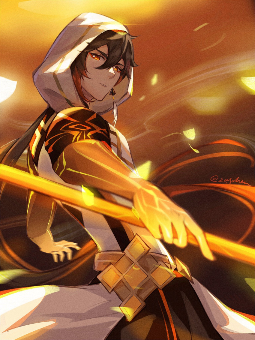 1boy antenna_hair bangs black_hair brown_hair chenzcy closed_mouth colored_skin commentary diamond-shaped_pupils diamond_(shape) earrings gem genshin_impact glowing_skin gold_trim gradient_hair hair_between_eyes highres holding holding_polearm holding_weapon hood hood_up jewelry long_hair looking_at_viewer makeup male_focus multicolored_hair orange_eyes polearm ponytail rex_lapis_(genshin_impact) robe single_earring solo symbol-shaped_pupils twitter_username very_long_hair weapon white_robe