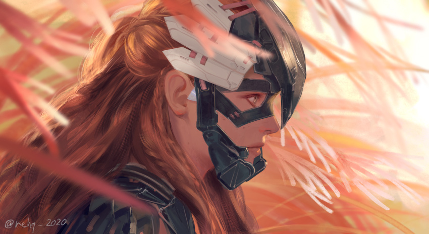 1girl aloy_(horizon) armor braid green_eyes hage2013 hair_pulled_back helmet highres horizon_forbidden_west horizon_zero_dawn long_hair looking_to_the_side orange_hair outdoors plant profile realistic solo twitter_username upper_body