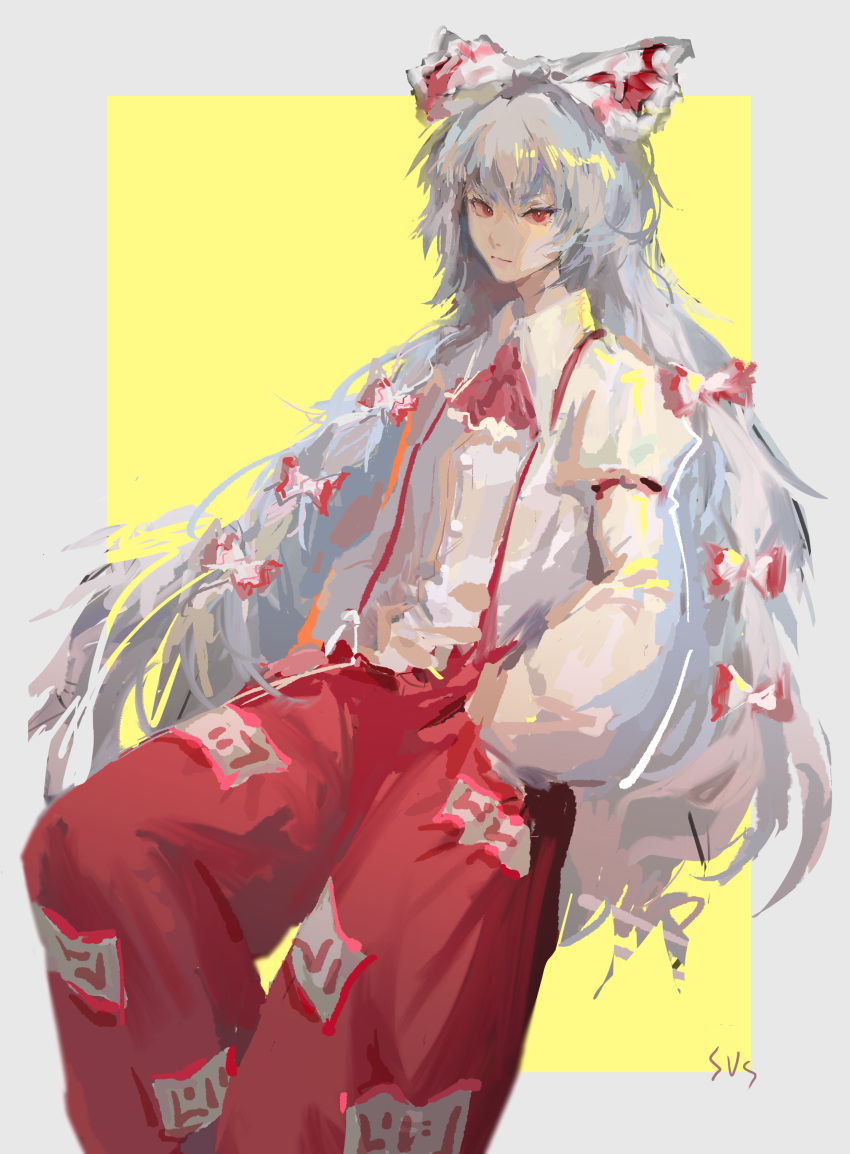 1girl absurdres ascot baggy_pants bangs bow closed_mouth collared_shirt commentary_request feet_out_of_frame fujiwara_no_mokou grey_hair hair_bow hands_in_pockets highres juliet_sleeves long_hair long_sleeves looking_at_viewer ofuda ofuda_on_clothes pants puffy_sleeves red_ascot red_eyes red_pants shirt signature simple_background skavod solo suspenders touhou very_long_hair white_bow white_shirt