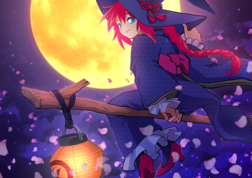 1girl aoiyuya bangs blue_eyes braid broom broom_riding falling_petals frilled_kimono frills hand_on_headwear hat high_heels highres japanese_clothes kimono lantern long_hair long_sleeves looking_to_the_side moon night night_sky obi original petals pink_hair sash sidesaddle sitting sky smile solo star_(sky) starry_sky very_long_hair witch witch_hat