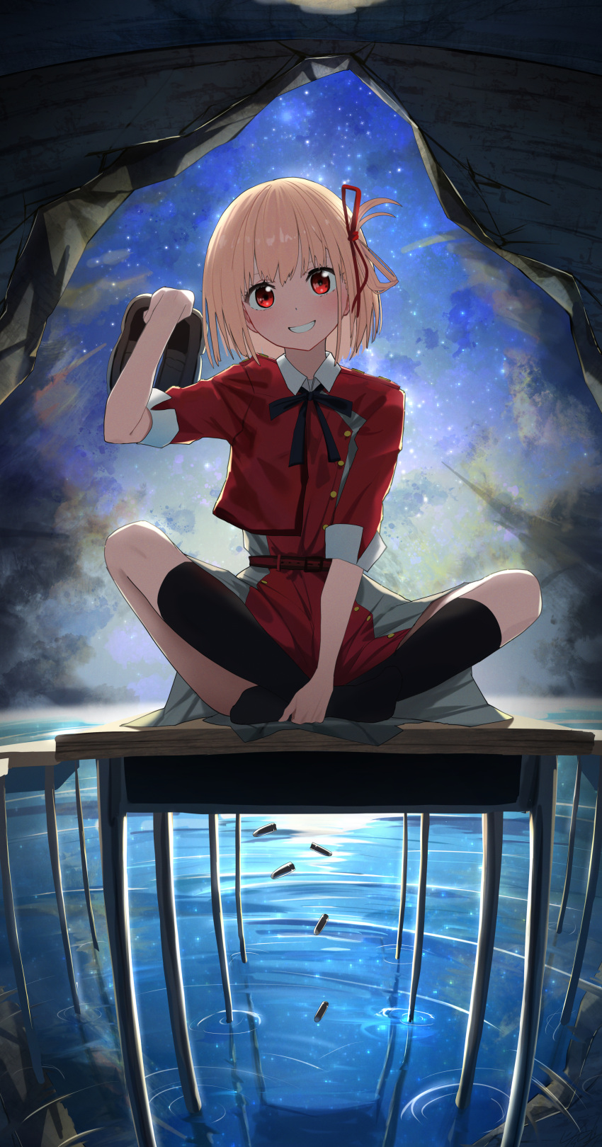 1girl absurdres belt blonde_hair bullet crossed_ankles desk dot_nose dress full_body grey_dress grin hair_ribbon hidulume highres holding holding_shoes indian_style kneehighs looking_at_viewer lycoris_recoil neck_ribbon nishikigi_chisato one_side_up pleated_dress red_belt red_dress red_eyes red_ribbon ribbon school_desk shell_casing shoes short_hair sitting sky smile socks solo star_(sky) starry_sky teeth two-sided_dress two-sided_fabric water