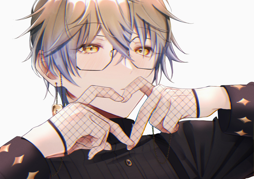 1boy bangs black_gloves black_shirt blue_hair blush brown_hair buttons closed_mouth commentary crossed_bangs earrings expressionless eyelashes eyewear_strap fishnet_gloves fishnets glasses gloves gold_earrings gradient_hair hair_between_eyes hands_up heart heart_hands highres ike_eveland jewelry long_sleeves looking_at_viewer male_focus multicolored_hair nijisanji nijisanji_en peridot68 shirt short_hair solo turtleneck upper_body virtual_youtuber white_background yellow_eyes