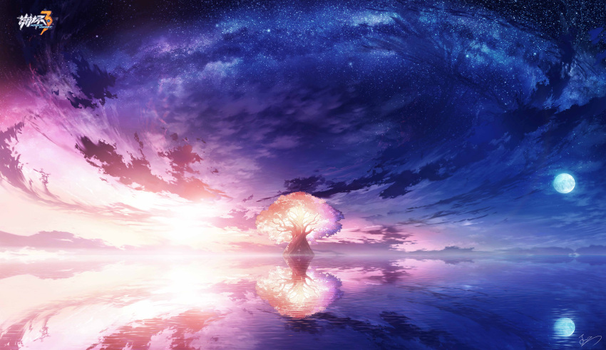 absurdres blue_moon blue_sky clouds commentary_request dark_clouds dusk fantasy glowing gradient_sky highres honkai_(series) horizon landscape milky_way moon night night_sky no_humans ocean original red_sky reflection reflective_water ripples scenery sky skyrick9413 star_(sky) starry_sky sunrise sunset tree water
