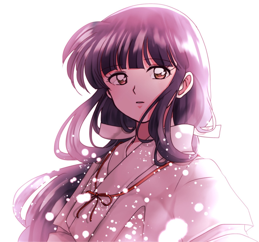 1girl :o bangs black_hair blunt_bangs blush brown_eyes commentary_request expressionless eyelashes hair_tie highres inuko_(nozomi1118) inuyasha japanese_clothes kikyou_(inuyasha) kimono lips long_hair looking_at_viewer open_mouth parted_lips red_ribbon ribbon sidelocks simple_background solo upper_body white_background