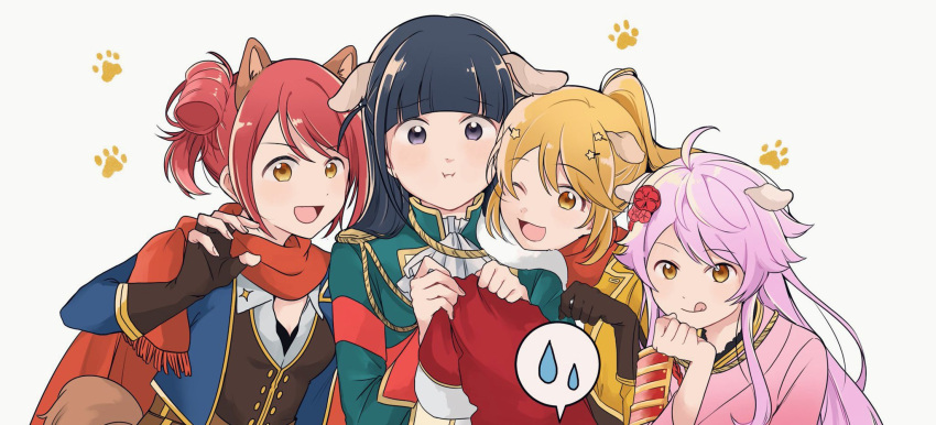 4girls :d :i :q ;d ahoge animal_ears aqua_jacket armor ascot bangs belt black_hair blonde_hair blue_jacket blunt_bangs breasts brown_belt brown_gloves brown_shirt buttons claw_pose closed_mouth commentary_request dog_ears dog_girl dog_tail epaulettes extra_ears fingerless_gloves fingernails flower fur-trimmed_jacket fur_trim girl_sandwich gloves grey_background hair_flower hair_ornament hand_on_own_chin hand_up hands_up head_on_another's_shoulder high_ponytail highres holding holding_clothes holding_jacket jacket jacket_removed japanese_armor japanese_clothes kano_misora kemonomimi_mode kimono kote long_hair long_sleeves looking_at_viewer medium_breasts multiple_girls one_eye_closed one_side_up ootsuki_aruru open_clothes open_jacket otonashi_ichie paw_pose paw_print paw_print_background pink_hair pink_kimono ponytail pout red_flower red_jacket red_scarf redhead sandwiched scarf shirokuma_(reirako-reirako) shirt short_hair shoujo_kageki_revue_starlight shoujo_kageki_revue_starlight_-re_live- side-by-side sidelocks smile speech_bubble spoken_sweatdrop standing star_(symbol) star_hair_ornament sweatdrop swept_bangs tail tongue tongue_out tsuyuzaki_mahiru two_side_up upper_body v-shaped_eyebrows violet_eyes white_ascot white_shirt yellow_eyes yellow_jacket