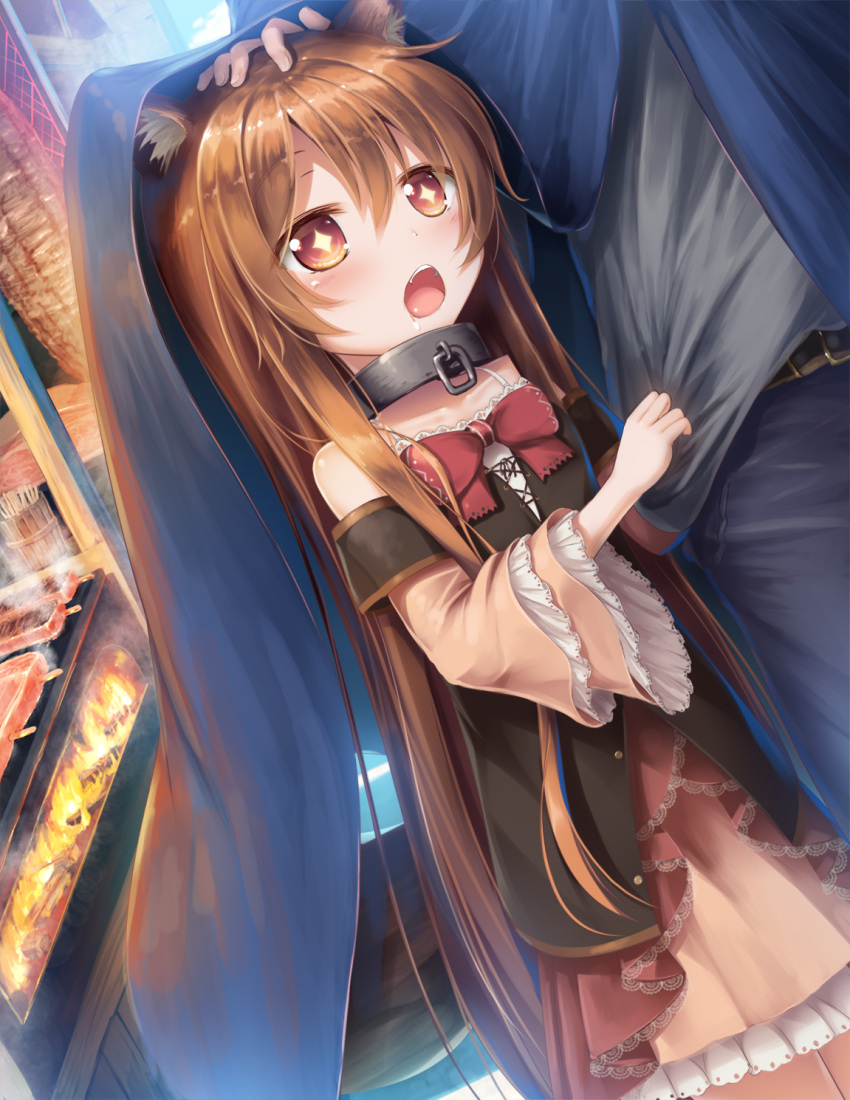 1girl :o animal_ear_fluff animal_ears bangs bare_shoulders blush brown_eyes brown_hair clothes_grab collar dress drooling female_child hair_between_eyes headpat highres hungry long_hair long_sleeves open_mouth psyche3313 raccoon_ears raccoon_girl raphtalia red_dress ribbon solo_focus tate_no_yuusha_no_nariagari