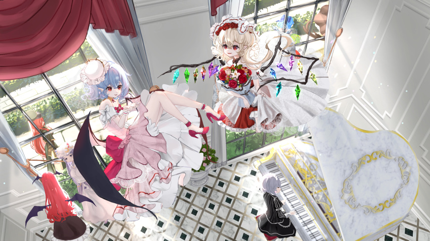 6+girls :d absurdres ankle_cuffs anniversary bat_wings black_choker black_dress black_skirt blue_bow blue_hair blue_ribbon blush bonnet bouquet bow bow_choker brooch choker cirno commentary crescent crescent_hat_ornament crystal curtains daisy daiyousei darkness demon_wings dress embodiment_of_scarlet_devil flandre_scarlet flat_cap floating_hair flower flying frilled_dress frills green_hair green_headwear green_skirt green_vest grey_hair hair_between_eyes hair_bow hair_flower hair_ornament hat hat_ornament hat_ribbon head_wings hedge high_heels highres holding holding_bouquet hong_meiling ice ice_wings indoors instrument izayoi_sakuya jewelry juliet_sleeves koakuma lace-trimmed_dress lace_trim layered_dress lily_(flower) long_hair long_sleeves looking_at_another maid_headdress medium_hair mob_cap multiple_girls music one_side_up open_mouth own_hands_together patchouli_knowledge piano piano_bench pink_dress pink_flower pink_rose playing_instrument playing_piano pointy_ears puffy_sleeves purple_dress purple_hair red_dress red_eyes red_flower red_footwear red_ribbon red_rose redhead remilia_scarlet ribbon rie_inthanin rose rumia scarlet_devil_mansion skirt skirt_hold sleeve_cuffs smile teeth touhou tulip upper_teeth very_long_hair vest violet_eyes white_bow white_dress white_flower white_headwear window wings wrist_cuffs yellow_bow yellow_collar