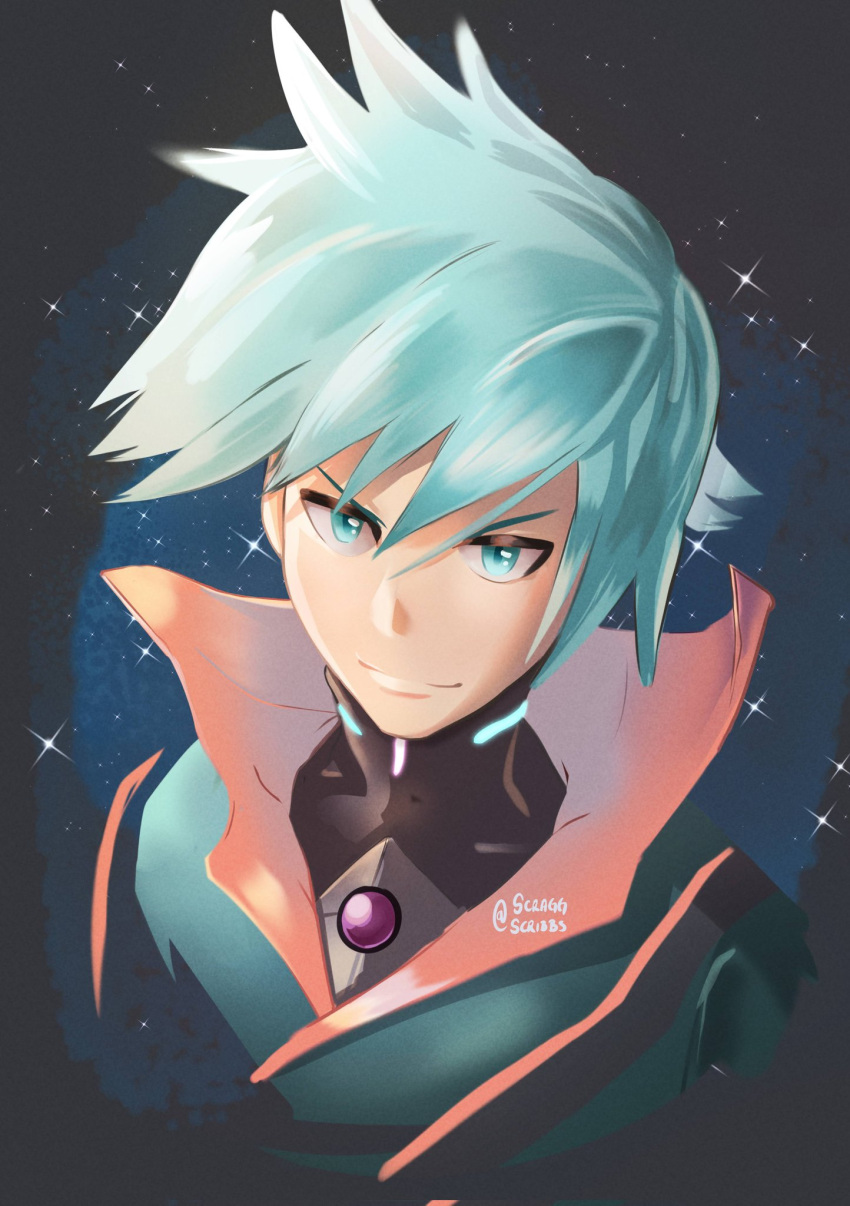 1boy aqua_eyes aqua_hair bodysuit bodysuit_under_clothes coat gem highres looking_at_viewer male_focus official_alternate_costume pokemon pokemon_(game) pokemon_masters_ex scraggscribs smile solo star_(sky) steven_stone twitter_username upper_body