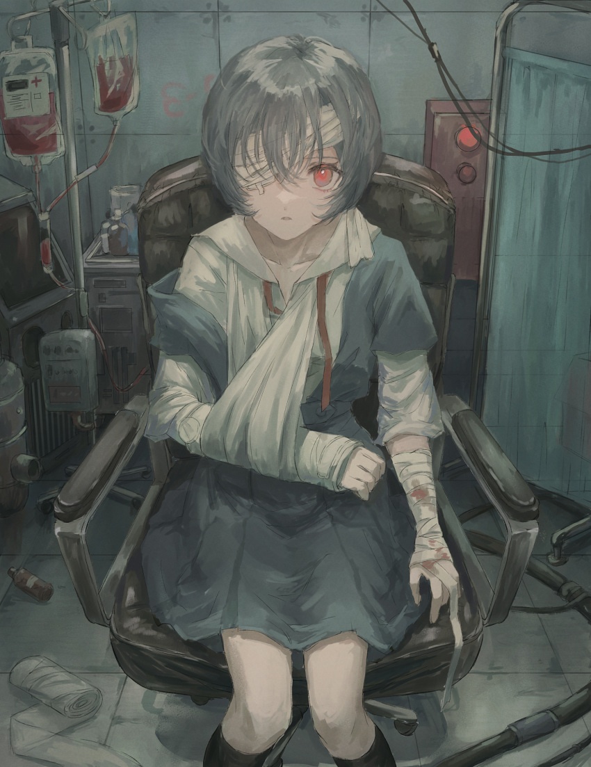 1girl ayanami_rei bandage_over_one_eye bandaged_arm bandages bangs black_socks blood blood_bag blue_dress blue_hair broken_arm chair collarbone dot_nose dress eyepatch hair_between_eyes highres hospital injury kneehighs kumagai_yuka looking_at_viewer neon_genesis_evangelion office_chair one_eye_covered parted_lips red_eyes shirt short_hair sitting sleeves_rolled_up socks solo white_shirt wire