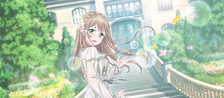1girl blonde_hair braid dress floral_print flower green_eyes hair_flower hair_ornament highres jinguuji_misaki looking_at_viewer non-web_source official_art open_mouth puraore!_pride_of_orange see-through see-through_dress smile solo stairs tree