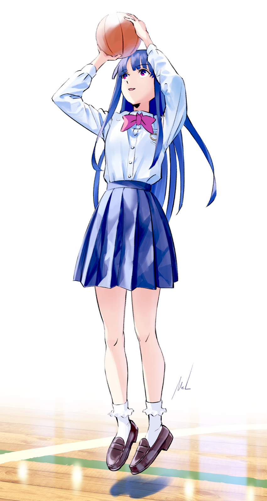 1girl arms_up bangs basketball blue_hair blue_skirt blunt_bangs bow bowtie breast_pocket brown_footwear dress_shirt frilled_socks frills full_body furude_rika highres higurashi_no_naku_koro_ni jumping loafers long_hair long_sleeves mac_naut miniskirt open_mouth pink_bow pink_bowtie pleated_skirt pocket red_eyes school_uniform shiny shiny_hair shirt shoes skirt socks solo st._lucia_academy_school_uniform straight_hair very_long_hair white_background white_shirt