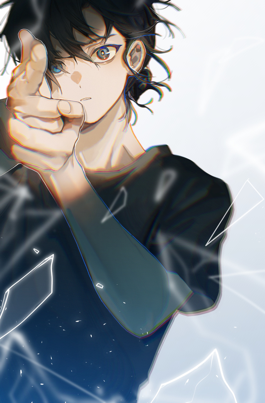 1boy absurdres ajiro_shinpei black_hair black_shirt blue_eyes broken_glass chromatic_aberration glass grey_background hair_between_eyes heterochromia highres looking_at_viewer male_focus own_hands_together shirt short_hair short_sleeves simple_background solo summertime_render upper_body watanabe_kawa