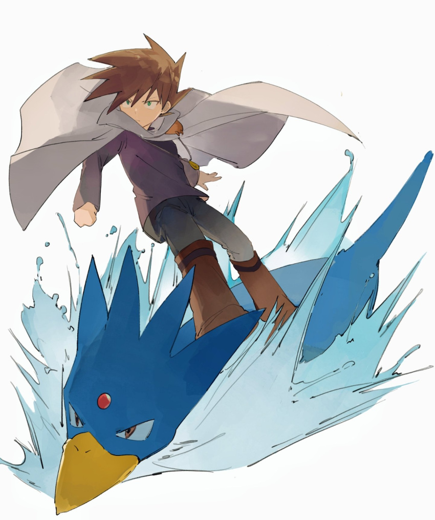 1boy bangs blue_oak boots brown_footwear brown_hair cape closed_mouth commentary floating_cape golduck green_eyes grey_pants hair_between_eyes highres jewelry long_sleeves male_focus necklace pants pokemon pokemon_adventures purple_shirt riding riding_pokemon sakanobo_(sushi1021) shirt short_hair spiky_hair white_background