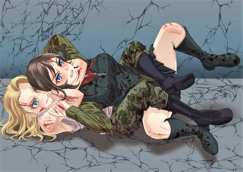 2girls black_footwear black_hair black_skirt black_vest blonde_hair blood blood_on_arm blood_on_clothes blood_on_face blood_on_leg blue_eyes boots camouflage camouflage_pants clara_(girls_und_panzer) closed_mouth combat_boots commentary crack cross-laced_footwear frown girls_und_panzer girls_und_panzer_saga_of_pravda green_jacket green_pants grimace headlock highres jacket lace-up_boots leg_wrap long_hair long_sleeves lying military military_uniform miniskirt multiple_girls nonna_(girls_und_panzer) on_back on_ground pants pleated_skirt pravda_military_uniform red_shirt shadow shirt skirt sweat tank_top tigern_(tigern28502735) turtleneck uniform vest white_shirt wrestling