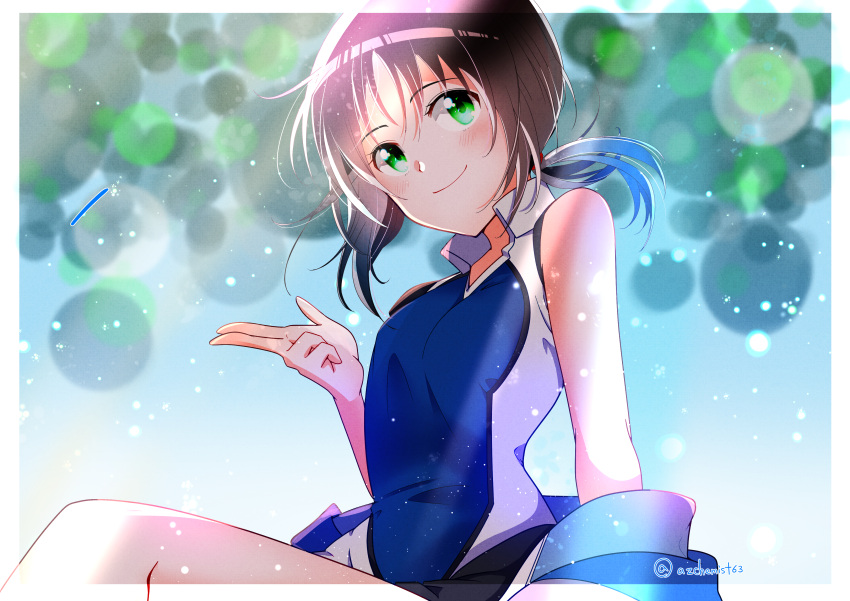1girl absurdres babybreath63 breasts brown_hair commission green_eyes hair_ribbon hanebado! hanesaki_ayano highres knee_up removing_jacket ribbon short_hair simple_background skeb_commission small_breasts smile solo sportswear
