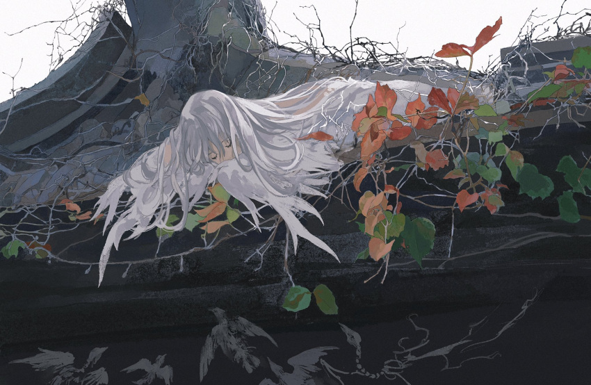 1girl bangs bird_girl branch closed_eyes covered_mouth feathered_wings full_body highres leaf long_hair lying monster_girl on_stomach original outdoors skeleton sleeping solo white_background white_hair white_wings winged_arms wings ye_(ran_chiiipye)
