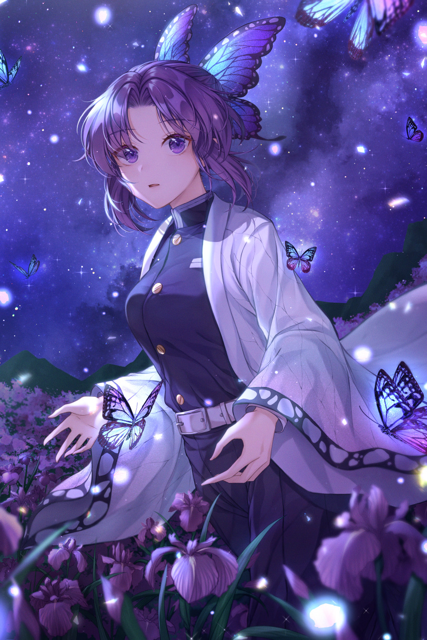 1girl absurdres bangs belt belt_buckle blush breast_pocket breasts buckle bug butterfly butterfly_hair_ornament buttons colored_tips commentary_request demon_slayer_uniform field fingernails flower flower_field hair_ornament haori highres iyar japanese_clothes kimetsu_no_yaiba kochou_shinobu large_breasts long_sleeves looking_at_viewer multicolored_hair night open_mouth outdoors parted_bangs parted_lips pocket purple_butterfly purple_hair shiny shiny_hair short_hair sidelocks sky solo standing star_(sky) starry_sky violet_eyes white_belt wide_sleeves