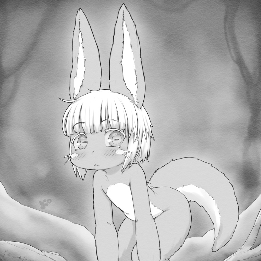 1other :&lt; all_fours animal_ears closed_mouth completely_nude furry greyscale highres horizontal_pupils kionant looking_at_viewer made_in_abyss medium_hair monochrome nanachi_(made_in_abyss) nude signature solo tail whiskers