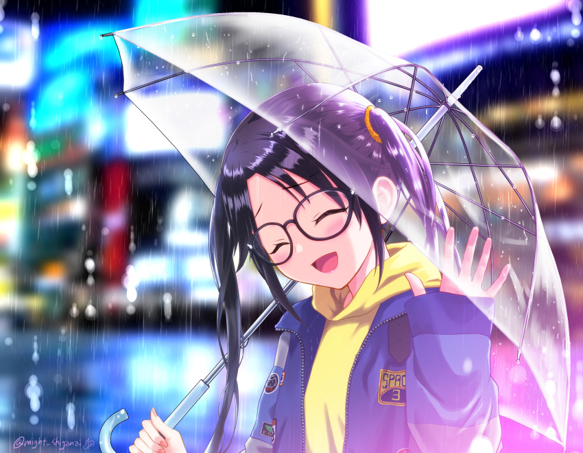 1girl black_hair blue_jacket blurry blurry_background closed_eyes commentary_request facing_viewer glasses highres hood hoodie idolmaster idolmaster_shiny_colors jacket long_hair m-shiganai mitsumine_yuika nail_polish night rain real_world_location shibuya_(tokyo) solo tokyo_(city) transparent transparent_umbrella twintails umbrella upper_body waving yellow_hoodie