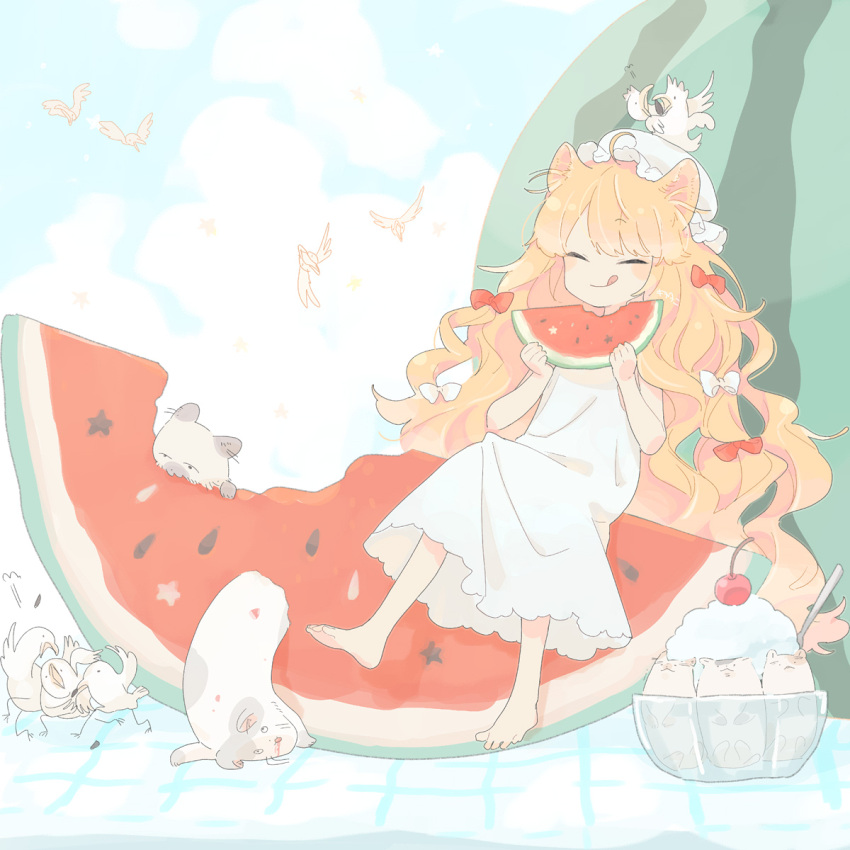 1girl ahoge animal animal_ears barefoot bird blonde_hair blush blush_stickers bow cat cherry closed_eyes closed_mouth clouds cloudy_sky dancing dress eating flying food fruit hair_bow highres holding holding_food holding_fruit ice_cream long_hair open_mouth original oversized_food red_bow sansaro_rii seed signature sky smile spoon star_(symbol) tongue tongue_out transparent very_long_hair watermark watermelon_slice white_bow white_dress white_headwear