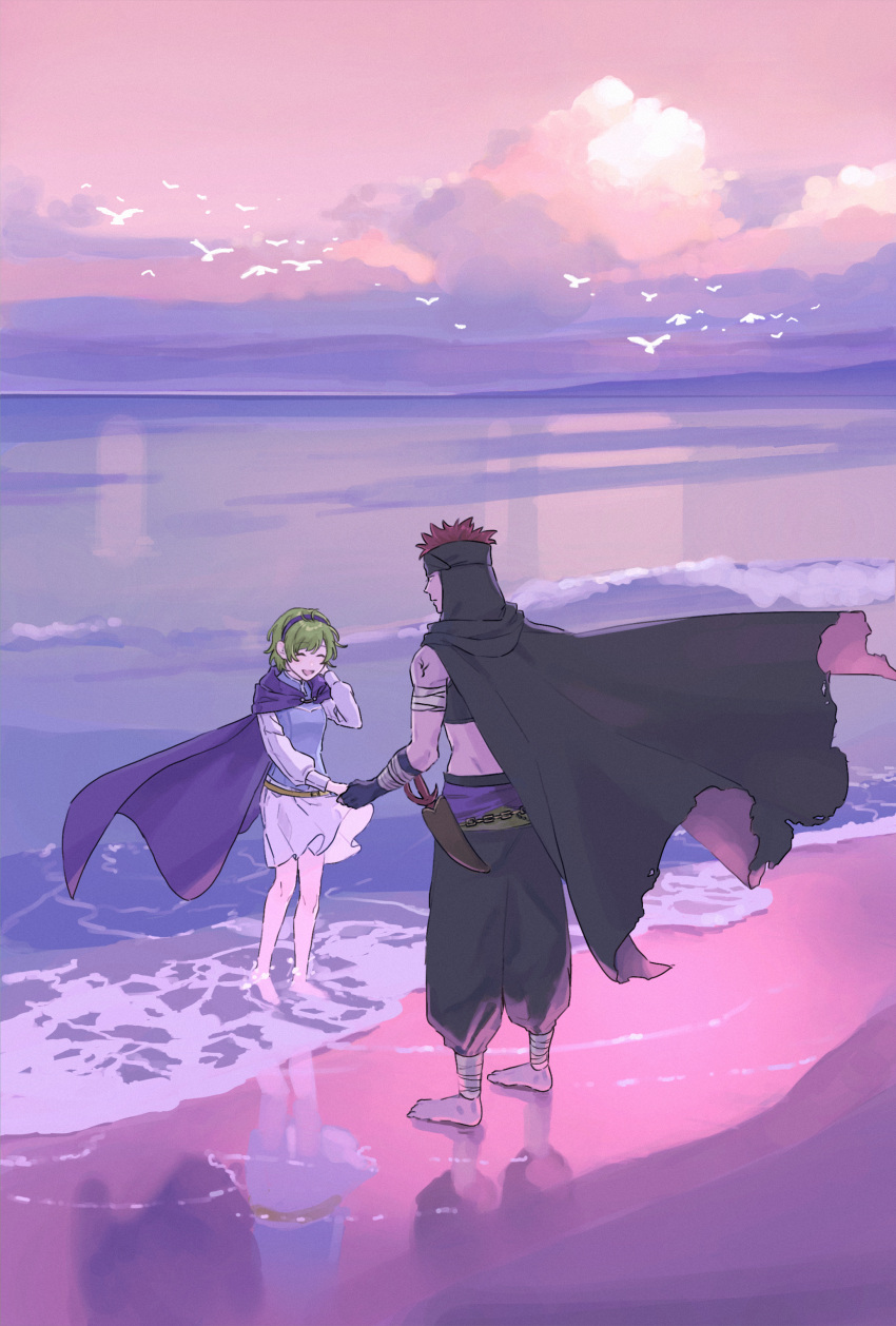 1boy 1girl ^_^ absurdres bandaged_arm bandages barefoot beach black_cape black_gloves black_headband black_pants blue_vest cape closed_eyes clouds couple e5nf8v fingerless_gloves fire_emblem fire_emblem:_the_blazing_blade gloves green_hair hairband headband highres holding_hands jaffar_(fire_emblem) midriff miniskirt nino_(fire_emblem) ocean open_mouth outdoors pants pink_sky purple_cape purple_hairband redhead sheath shirt short_hair skirt soaking_feet spiky_hair sunrise vest white_shirt white_skirt