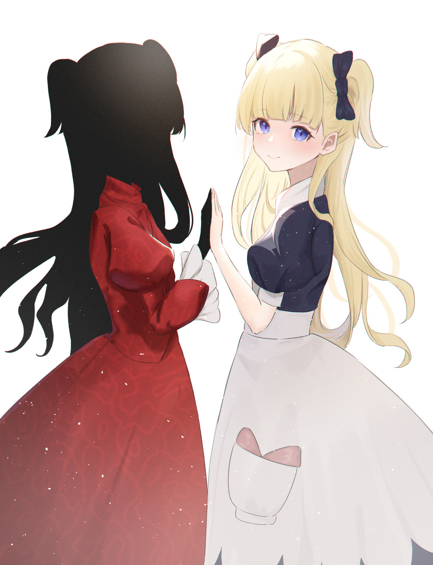 2girls absurdres bangs blonde_hair blue_eyes blush bow daily_(daily178900) dress emilico_(shadows_house) frilled_sleeves frills hair_bow highres holding_hands kate_(shadows_house) long_hair multiple_girls pinafore_dress puffy_short_sleeves puffy_sleeves shadow_(shadows_house) shadows_house short_sleeves smile twintails two_side_up very_long_hair