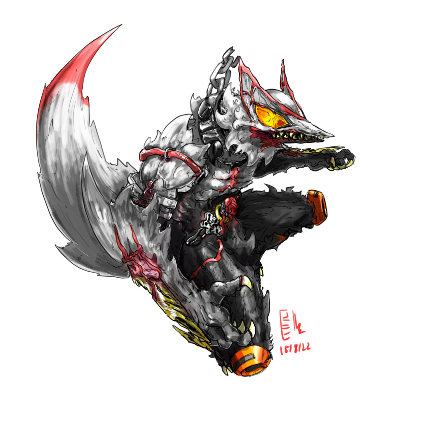 1boy 2022 animal_ears animalization armor armored_boots august black_bodysuit black_fur black_gloves bodysuit boots chain chain_leash claws collar dated desire_driver driver_(kamen_rider) fox fox_ears fox_mask fox_tail furry gloves ground_vehicle highres kamen_rider kamen_rider_geats kamen_rider_geats_(series) kitsune leash leg_up long_legs magnum_boost mask motor_vehicle motorcycle orange_armor pravin_rao_santheran red_scarf redesign rider_belt scarf shoulder_armor solo squatting stylistic tail tokusatsu white_armor white_background white_fur yellow_eyes