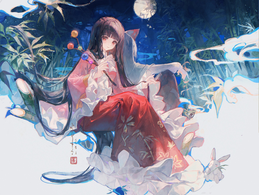 2girls arm_on_knee back-to-back bamboo bamboo_forest black_hair bow branch closed_mouth commentary commentary_request floral_print forest frilled_skirt frilled_sleeves frills fujiwara_no_mokou full_body full_moon hair_bow highres hime_cut holding holding_hair houraisan_kaguya jeweled_branch_of_hourai long_hair long_skirt long_sleeves looking_at_viewer maccha_(mochancc) moon multiple_girls nature night pants pink_shirt rabbit red_eyes red_pants red_skirt shirt signature sitting skirt smile touhou very_long_hair white_bow white_hair white_shirt wide_sleeves