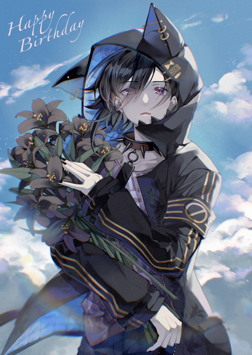 1boy animal_hood black_armband black_collar black_flower black_hair black_jacket black_nails blue_sky bouquet cat_hood clouds collar crew_neck earrings eyes_visible_through_hair floral_print flower hair_between_eyes hair_ornament hairclip happy_birthday highres holding holding_bouquet holostars hood hood_up jacket jewelry kanade_izuru lightning_bolt_hair_ornament lightning_bolt_symbol lily_(flower) limao_(tanuki_1220) looking_at_viewer male_focus multiple_earrings o-ring open_clothes open_jacket padded_jacket parted_lips purple_shirt shirt short_hair sky sleeves_past_wrists slit_pupils solo spiked_collar spikes two-sided_fabric two-sided_jacket upper_body violet_eyes virtual_youtuber wind zipper