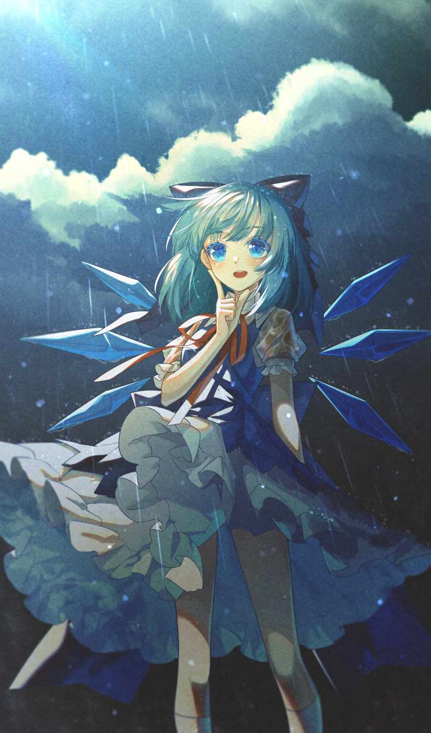 1girl :d absurdres arm_at_side back_bow blue_bow blue_dress blue_eyes blue_hair blush bow chinese_commentary cirno clouds collared_shirt commentary detached_wings dress feet_out_of_frame finger_to_cheek frilled_dress frills hair_bow hand_up highres ice ice_wings jiege looking_at_viewer medium_hair neck_ribbon open_mouth pinafore_dress puffy_short_sleeves puffy_sleeves rain red_ribbon ribbon shirt short_sleeves smile socks solo teeth tongue touhou upper_teeth wet wet_clothes white_shirt white_socks wings