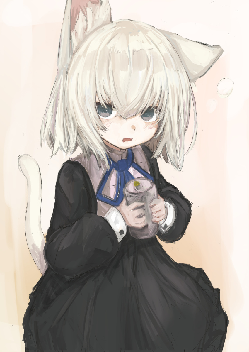 1girl absurdres animal_ears bangs black_dress blonde_hair blue_bow blue_bowtie blue_eyes bow bowtie can cat_ears cat_girl cat_tail character_request copyright_request crossed_bangs dress hair_between_eyes highres holding holding_can looking_at_viewer open_mouth orange_background piennamekuzi short_hair sketch solo tail