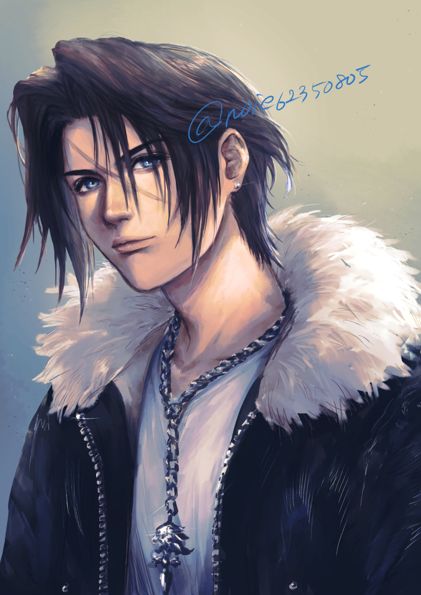 1boy bangs black_jacket blue_eyes brown_hair chain_necklace earrings final_fantasy final_fantasy_viii fur_collar highres jacket jewelry long_sleeves looking_at_viewer male_focus necklace noie_(neunteedelstein) parted_bangs scar scar_on_face shirt short_hair single_earring solo squall_leonhart twitter_username upper_body white_shirt zipper