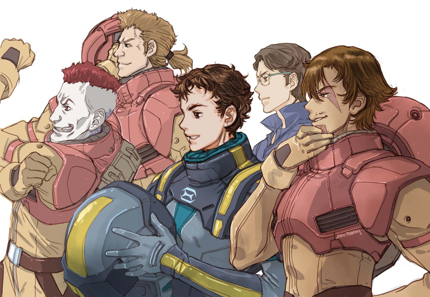 5boys black_eyes black_gloves brown_eyes brown_gloves brown_hair clenched_hands from_side gawman_nobile glasses gloves golf_(gundam) gundam gundam_hathaway's_flash hair_behind_ear hathaway_noa headwear_removed helmet helmet_removed highres holding holding_helmet iram_masam male_focus multiple_boys ponytail raymond_cain red_eyes sharp_teeth smile teeth undercut v-shaped_eyebrows white_background yonemura_kouichirou