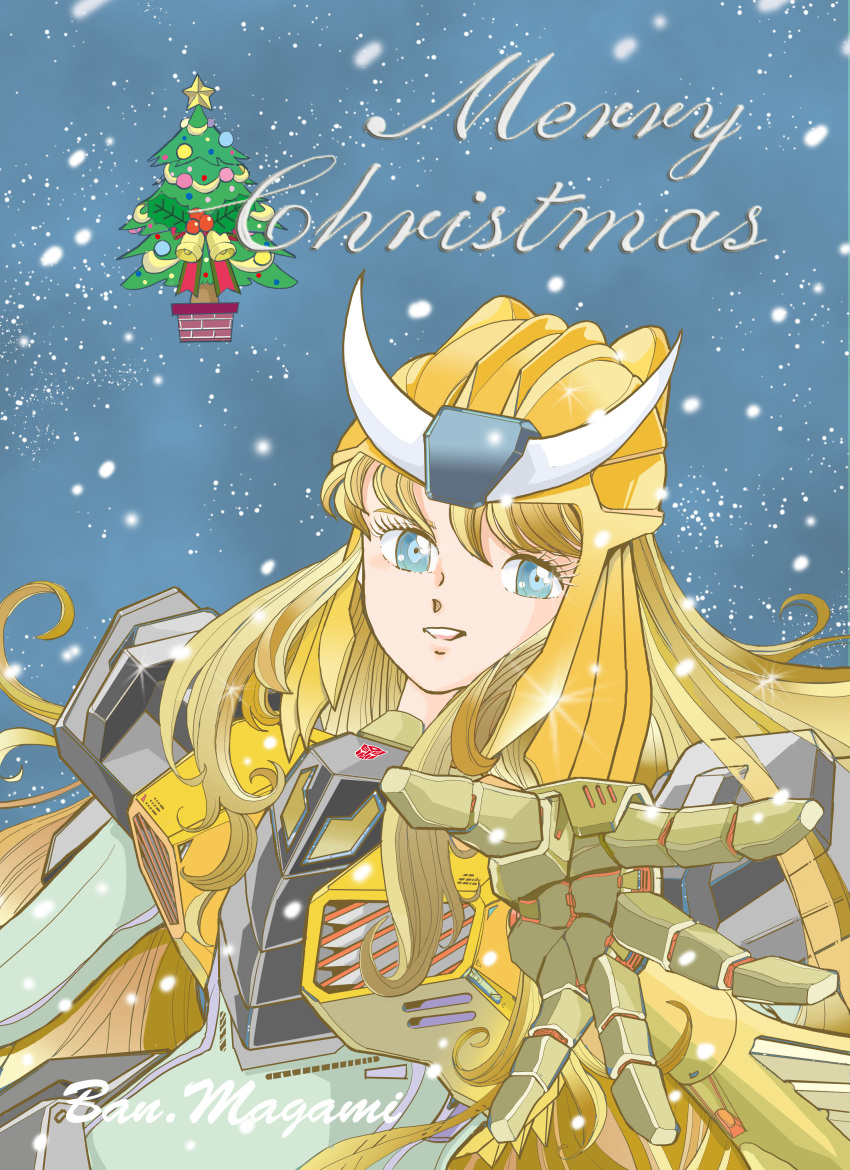 1girl absurdres artist_name bangs blonde_hair blue_eyes bodysuit christmas english_commentary floating_hair green_bodysuit highres horns long_hair magami_ban mecha_musume mechanical_arms merry_christmas minakaze_patty mixed-language_commentary parted_lips smile snowing solo transformers transformers_victory upper_body very_long_hair