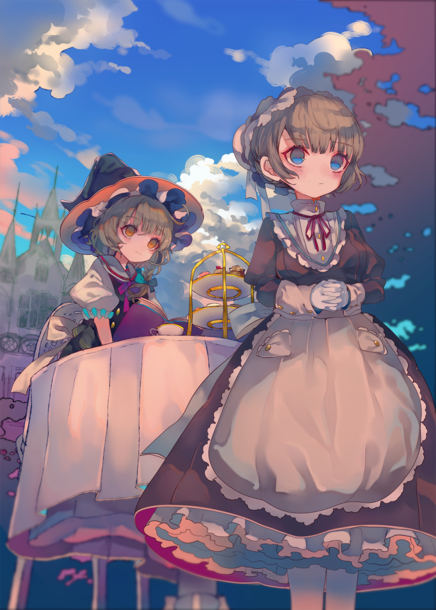 2girls apron bangs black_dress black_headwear black_vest blonde_hair blue_eyes blue_sky book bow braid buttons cha_goma closed_mouth clouds cloudy_sky commentary_request cup dessert dress feet_out_of_frame food frilled_apron frilled_hat frills gloves hair_bow hat highres kirisame_marisa long_hair long_sleeves looking_at_another maid maid_headdress mansion multiple_girls neck_ribbon open_book orange_eyes original own_hands_clasped own_hands_together pantyhose petticoat puffy_short_sleeves puffy_sleeves red_ribbon ribbon short_hair short_sleeves single_braid sky tablecloth teacup tiered_tray touhou vest white_gloves white_pantyhose witch_hat wrist_cuffs