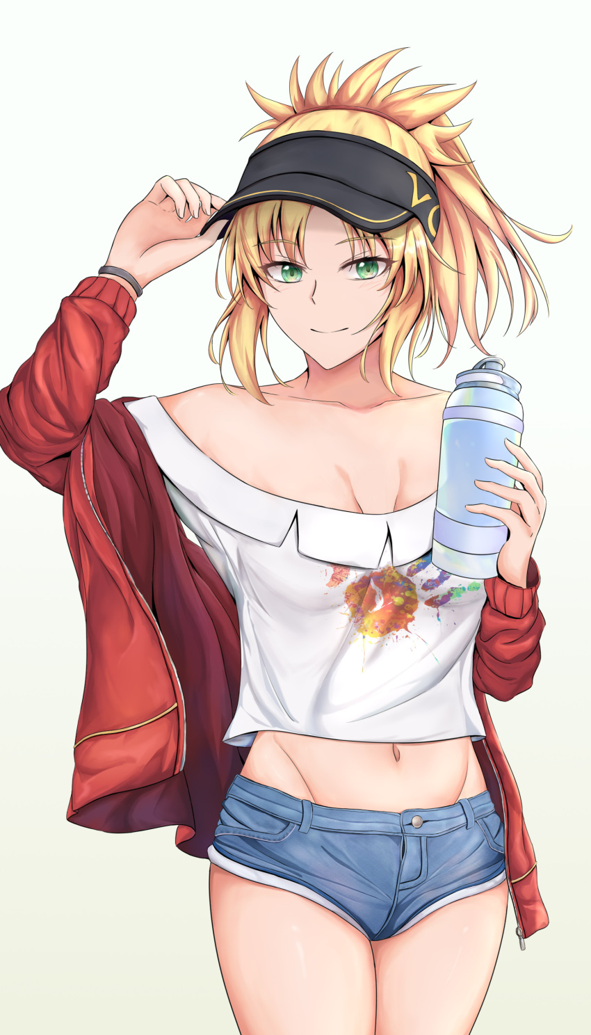 1girl absurdres blonde_hair blue_shorts bottle breasts cowboy_shot denim denim_shorts fate/grand_order fate_(series) green_eyes highres holding holding_bottle jacket long_sleeves micro_shorts mordred_(fate) mordred_(fate/apocrypha) navel open_clothes open_jacket ponytail red_jacket reinaz shirt shorts small_breasts solo standing visor_cap white_shirt