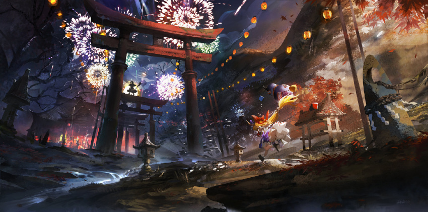 1other 5girls aerial_fireworks architecture autumn_leaves bare_tree black_footwear blonde_hair bow building chain chinese_commentary commentary_request east_asian_architecture falling_leaves fireworks gourd hair_bow hakurei_reimu hakurei_shrine highres horn_ornament horn_ribbon horns ibuki_suika inaba_tewi japanese_architecture kirisame_marisa lantern leaf long_hair low-tied_long_hair maple_leaf mountain multiple_girls night oni_horns paper_lantern purple_ribbon purple_skirt red_bow reisen_udongein_inaba ribbon ribbon-trimmed_skirt ribbon_trim rock rope running scenery shide shimenawa shirt shoes shrine signature silhouette skirt stone_lantern stu_dts torii touhou tree very_long_hair very_wide_shot white_shirt