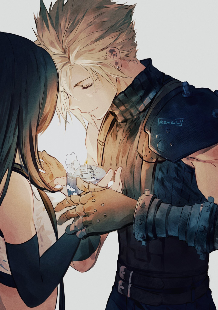 1boy 1girl armor black_hair blonde_hair breasts closed_eyes cloud_strife crop_top detached_sleeves earrings final_fantasy final_fantasy_vii final_fantasy_vii_remake gloves happy_birthday highres holding jewelry large_breasts long_hair maiii_(smaii_i) shoulder_armor simple_background sleeves_past_fingers sleeves_past_wrists spiky_hair suspenders sweater tank_top tifa_lockhart turtleneck turtleneck_sweater upper_body white_tank_top