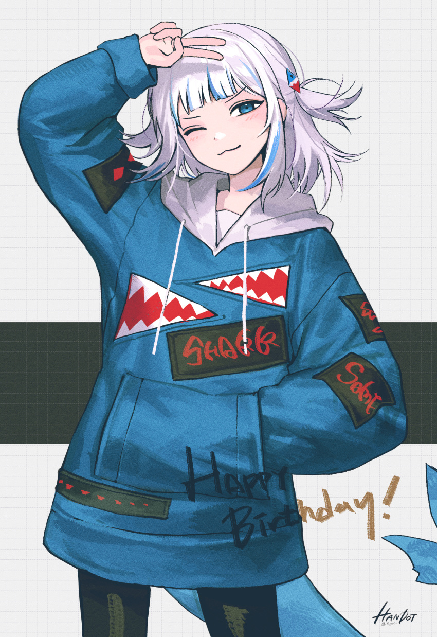 1girl absurdres arm_up bangs blue_eyes blue_hair blue_hoodie blush closed_mouth cowboy_shot drawstring fish_tail gawr_gura hair_ornament hand_in_pocket handot_(d_yot_) happy_birthday highres hololive hololive_english hood hoodie long_hair long_sleeves looking_at_viewer multicolored_hair one_eye_closed shark_tail solo standing streaked_hair tail two_side_up v virtual_youtuber white_hair