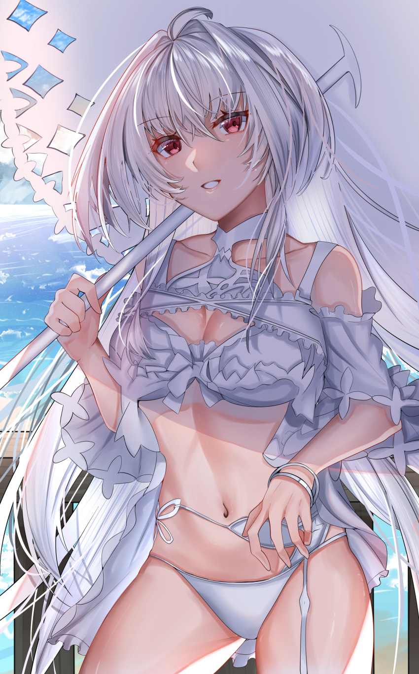 1girl absurdres ahoge bare_shoulders beach bikini breasts collarbone dora_(jcyw8334) fate/grand_order fate_(series) grey_hair highres long_hair looking_to_the_side medium_breasts merlin_(fate/prototype) merlin_(fate/prototype)_(swimsuit_pretender) navel ocean parasol smile swimsuit thighs umbrella very_long_hair water white_bikini white_swimsuit