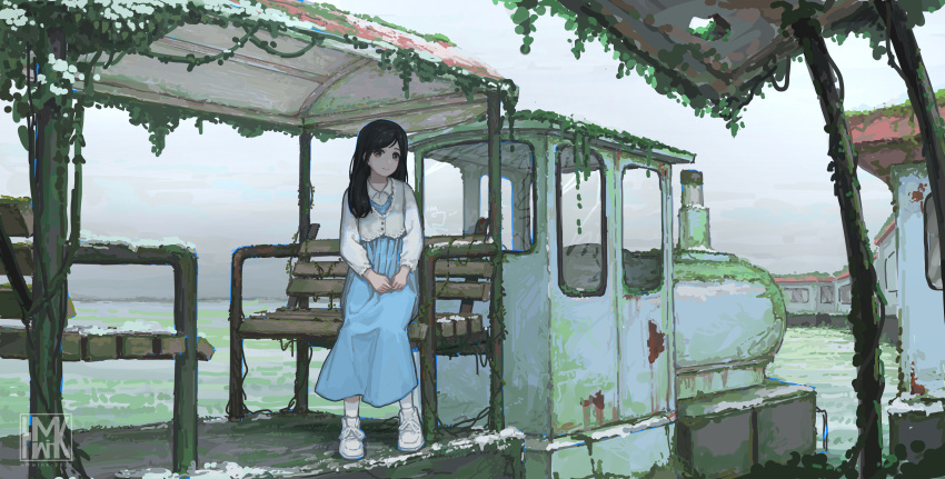 1girl absurdres bangs bench black_hair blue_dress chinese_commentary closed_mouth commentary_request dress highres hua_ming_wink long_hair long_sleeves nature original outdoors overgrown scenery shirt shoes sitting smile sneakers solo white_footwear white_shirt