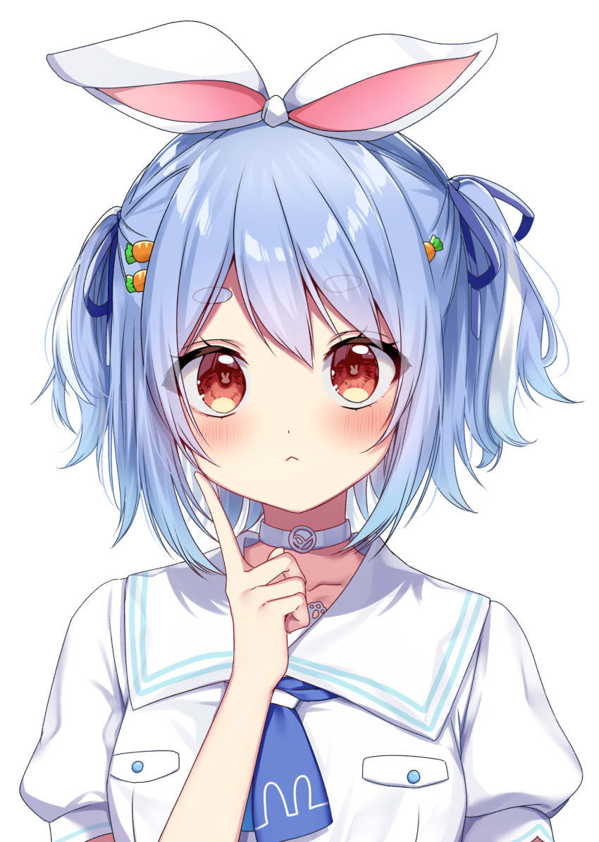 1girl animal_ears blue_hair blue_neckerchief blush breasts bunny-shaped_pupils carrot_hair_ornament choker finger_to_cheek food-themed_hair_ornament hair_ornament hairclip highres hololive looking_at_viewer multicolored_hair neckerchief orange_eyes rabbit_ears rabbit_girl sailor_collar shinonome_asu shirt short_eyebrows simple_background small_breasts solo symbol-shaped_pupils thick_eyebrows two-tone_hair two_side_up upper_body usada_pekora virtual_youtuber white_choker white_hair white_sailor_collar white_shirt