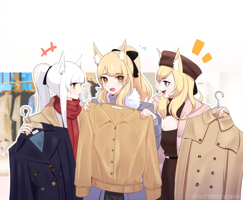 3girls animal_ear_fluff animal_ears arknights blemishine_(arknights) blonde_hair blue_eyes brown_eyes brown_headwear clothing_store coat extra_ears highres horse_ears horse_girl horse_tail multiple_girls nearl_(arknights) overcoat platinum_(arknights) scarf shopping supershrimpcakes tail