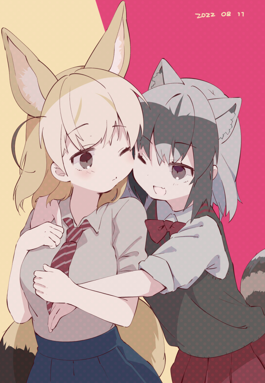 2girls ;d alternate_costume animal_ear_fluff animal_ears bangs black_eyes black_hair black_vest blonde_hair blue_sky bow bowtie cheek-to-cheek commentary common_raccoon_(kemono_friends) contemporary diagonal-striped_necktie extra_ears fennec_(kemono_friends) fox_ears fox_girl fox_tail grey_hair heads_together highres hug hug_from_behind kemono_friends medium_hair multicolored_hair multiple_girls nanana_(nanana_iz) necktie one_eye_closed open_mouth pleated_skirt raccoon_ears raccoon_girl raccoon_tail red_bow red_bowtie red_skirt shirt simple_background skirt sky sleeves_rolled_up smile tail vest white_shirt