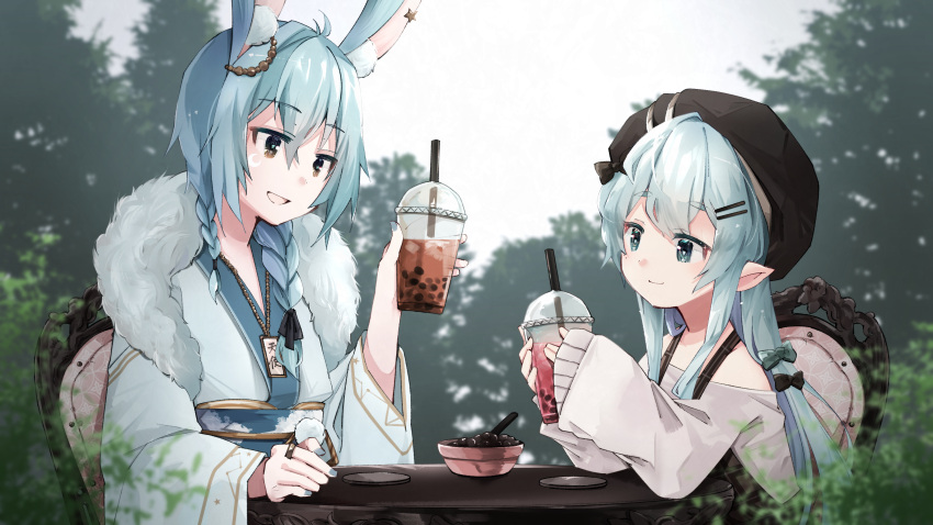 2girls absurdres animal_ear_fluff animal_ears bangs beret black_eyes black_headwear blue_eyes blue_hair bow braid bubble_tea commentary_request commission cup disposable_cup drinking_straw fur_collar hair_between_eyes hair_bow hair_ornament hairclip hat highres light_blue_hair long_hair looking_at_another multiple_girls nanana_(nanana_iz) original pointy_ears rabbit_ears rabbit_girl skeb_commission sleeves_past_wrists
